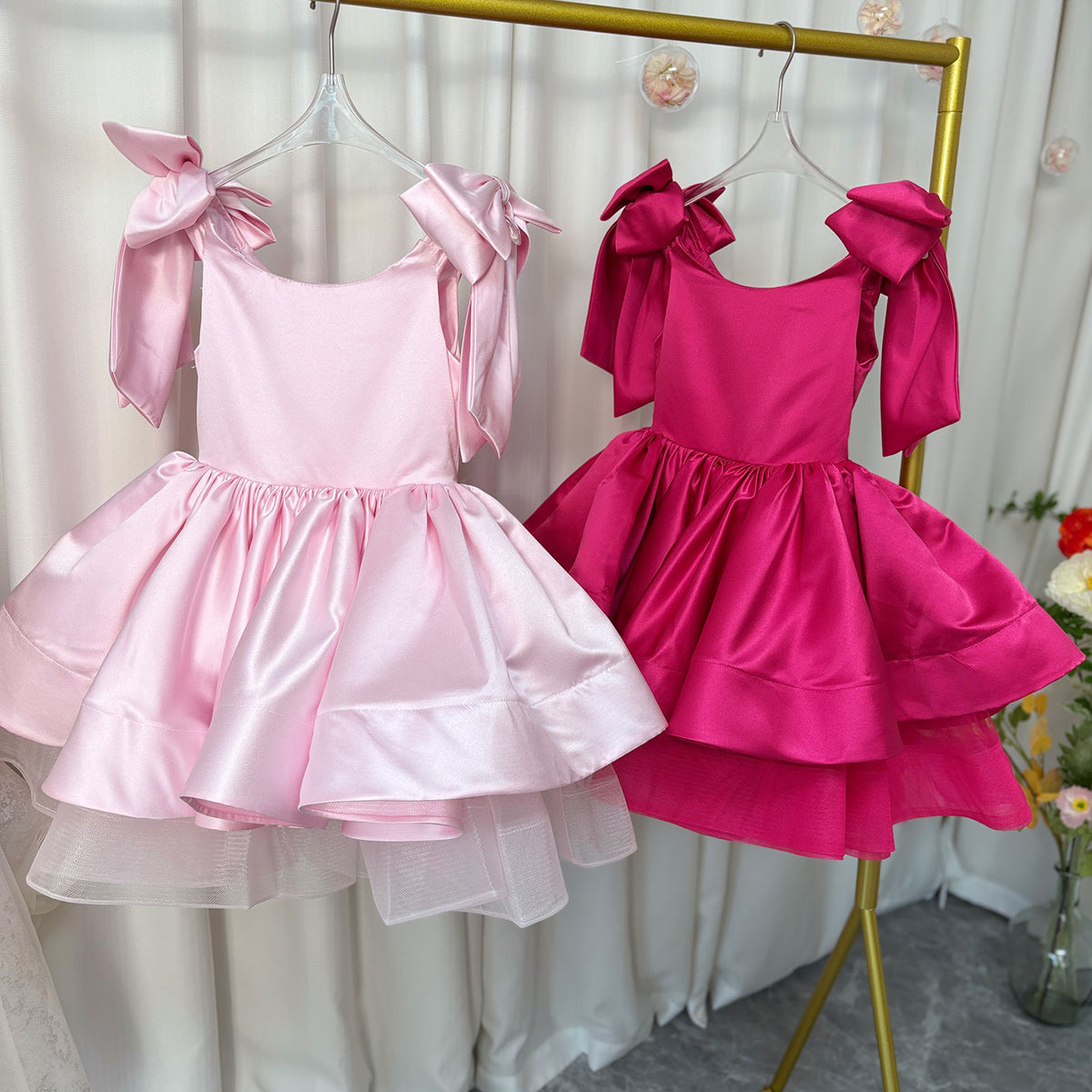 Jill Elegant Satin Fuchsia Girl Dress Off-Shoulder White Princess J159