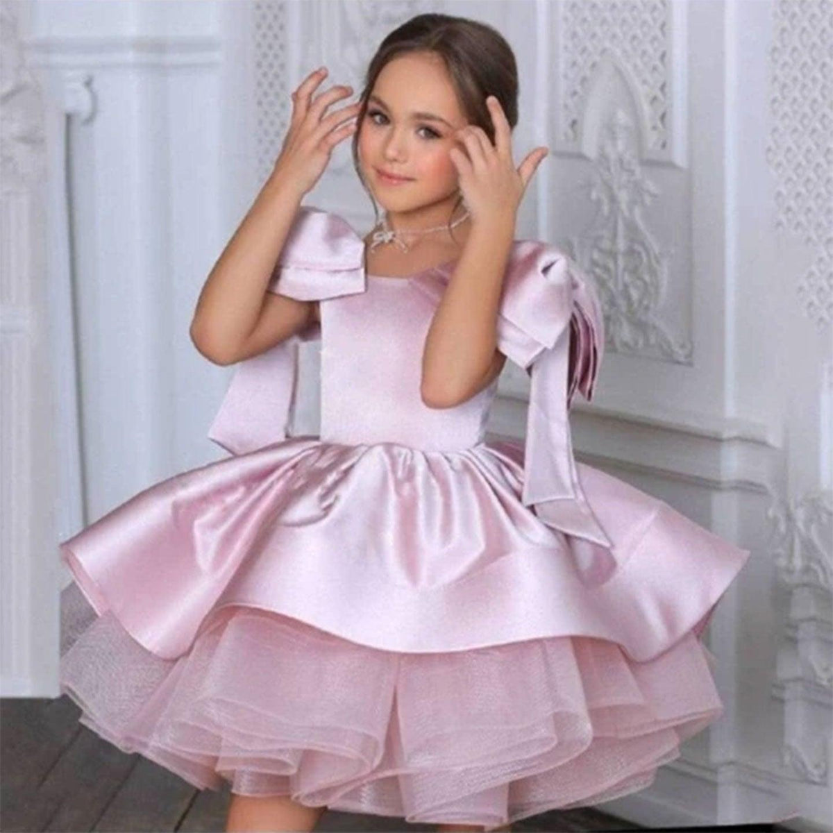 Jill Elegant Satin Fuchsia Girl Dress Off-Shoulder White Princess J159