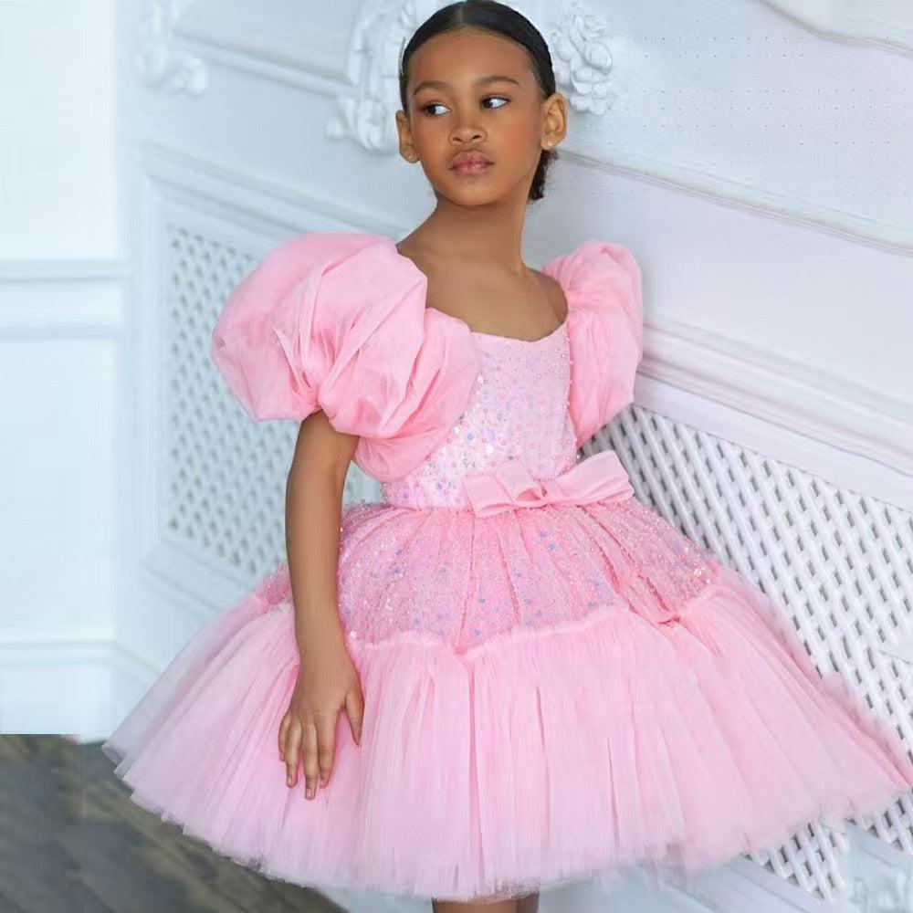 Jill Elegant Sequins Christmas Puffy Sleeve Girl Holiday Party Dress J272