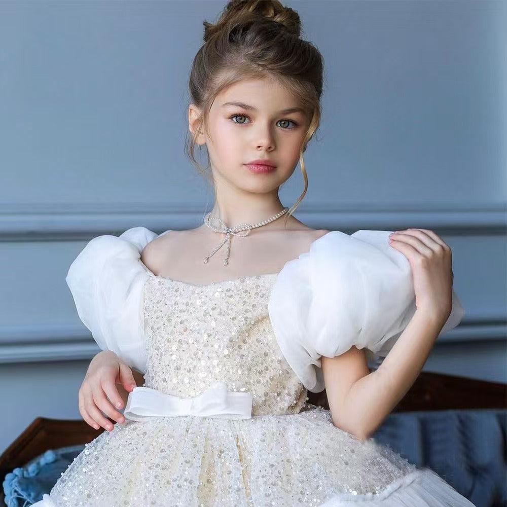 Jill Elegant Sequins Christmas Puffy Sleeve Girl Holiday Party Dress J272