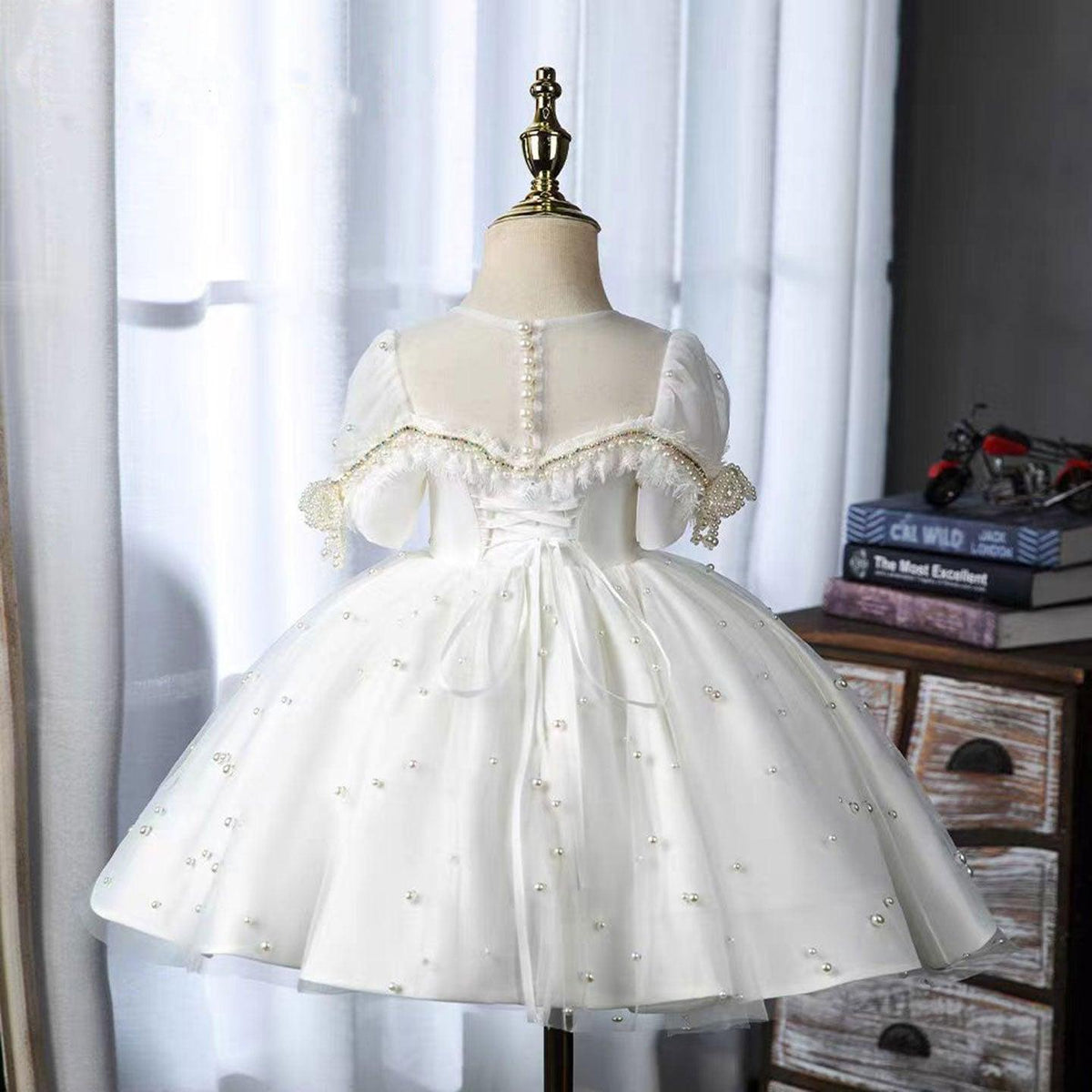 Jill Elegant White Beaded Birthday Girl Dress with Pearls J340