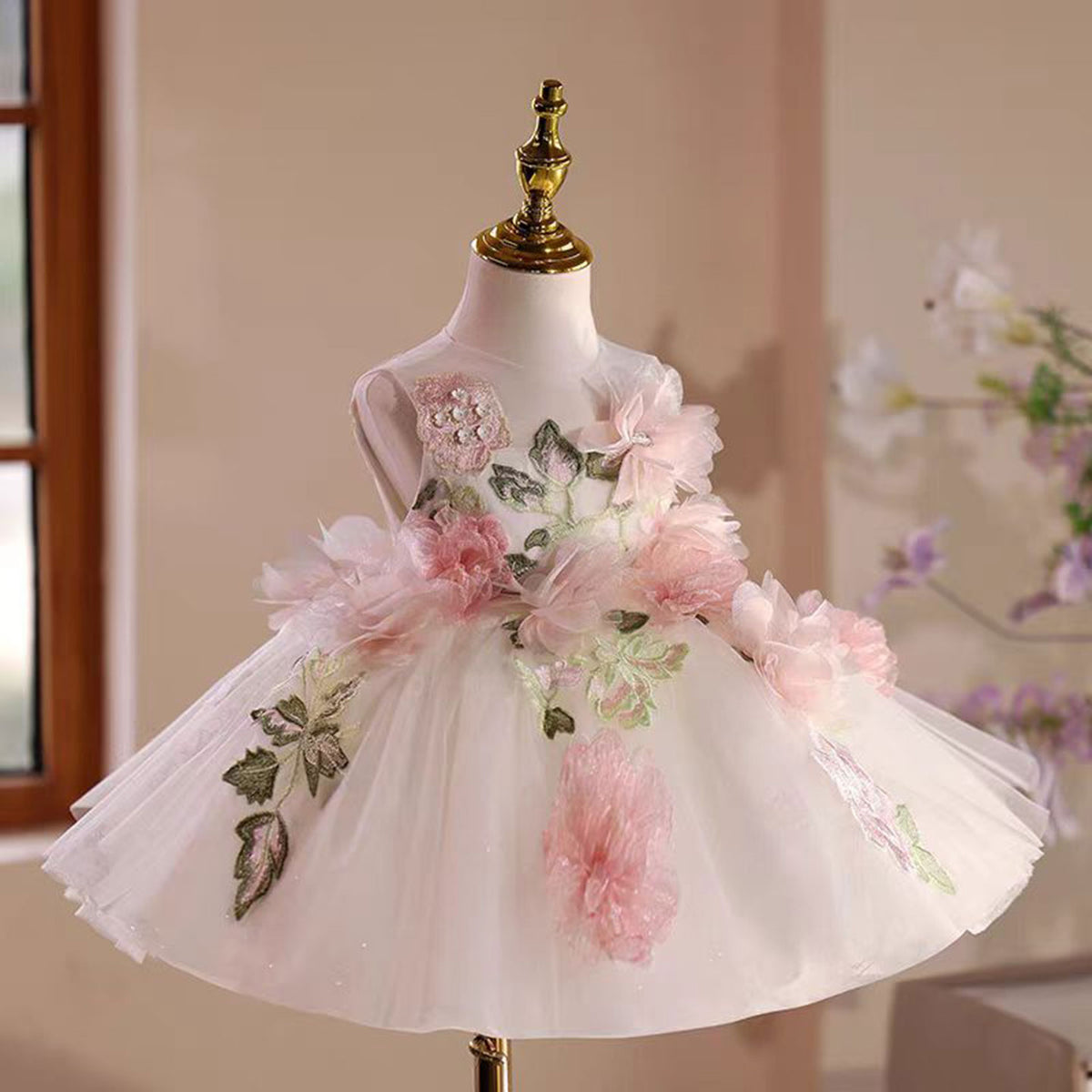 Jill Floral Girl Dress Tulle Sleeveless Embroidered Toddler Kids 1st Birthday Party Gown J521