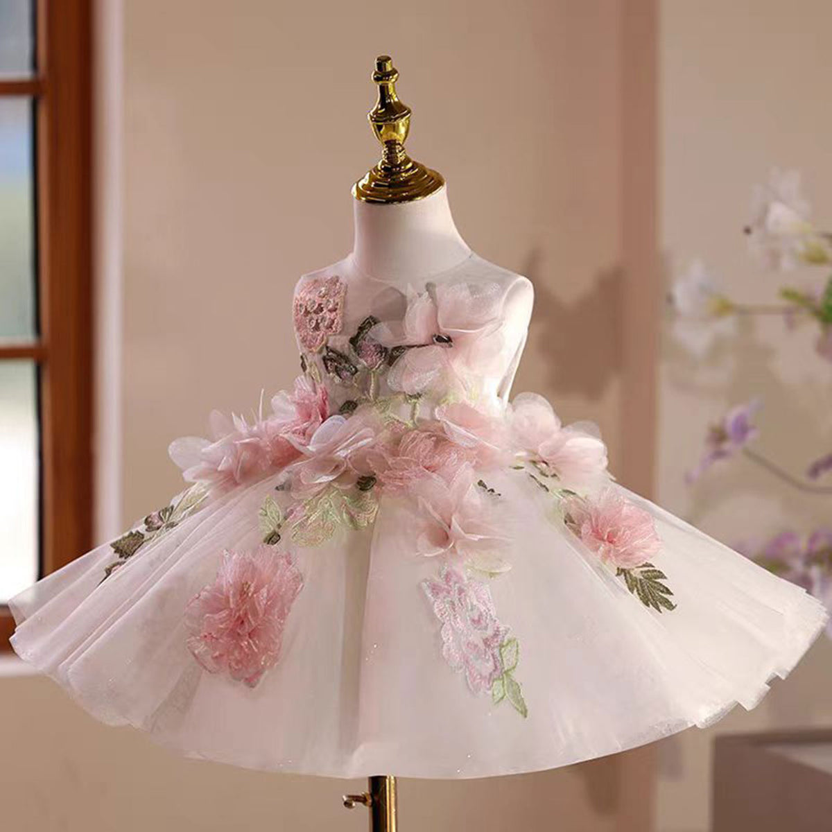 Jill Floral Girl Dress Tulle Sleeveless Embroidered Toddler Kids 1st Birthday Party Gown J521