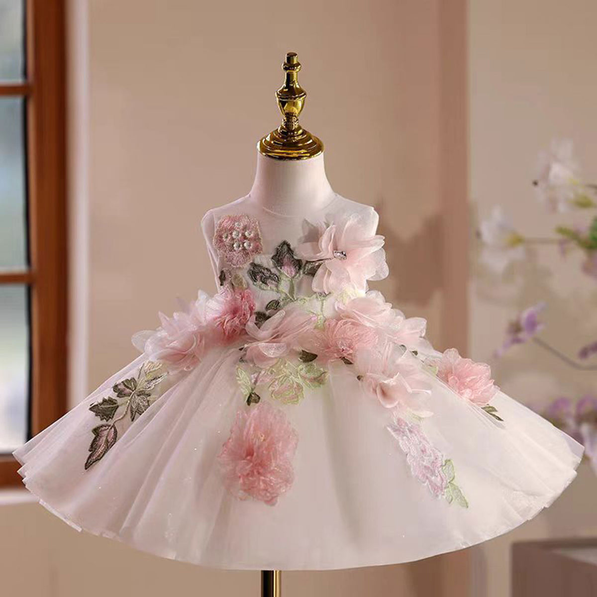 Jill Floral Girl Dress Tulle Sleeveless Embroidered Toddler Kids 1st Birthday Party Gown J521