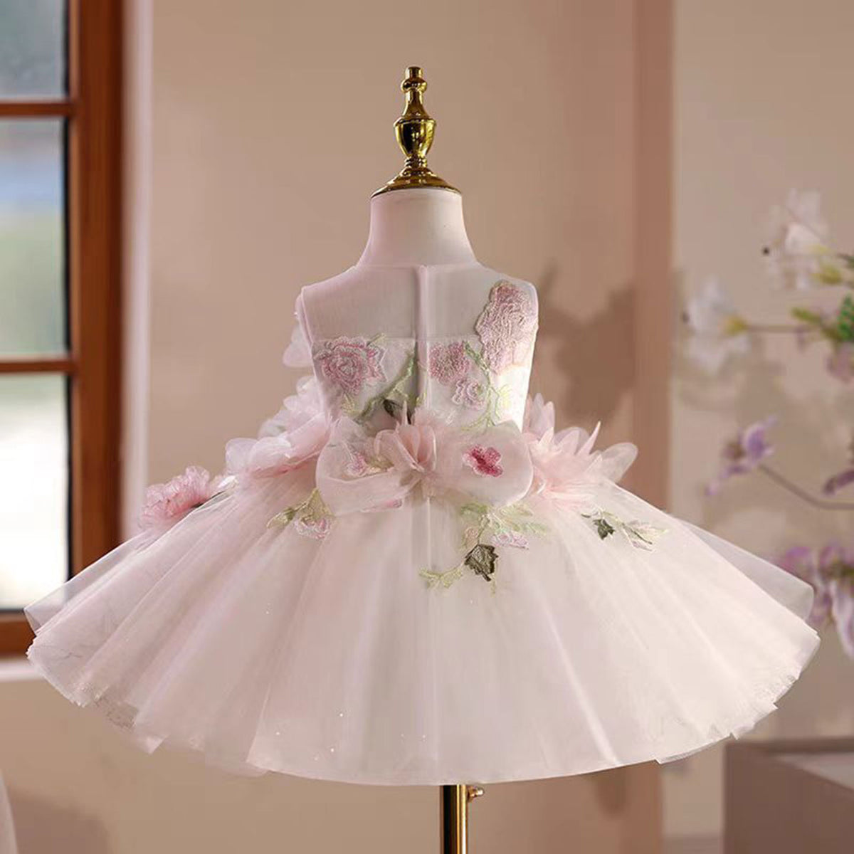 Jill Floral Girl Dress Tulle Sleeveless Embroidered Toddler Kids 1st Birthday Party Gown J521