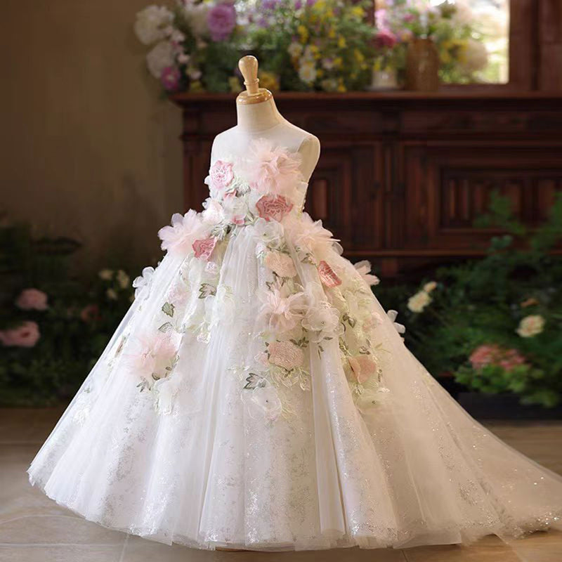Jill Floral Girl Dress Tulle Train for kids Birthday Pageant Party J197