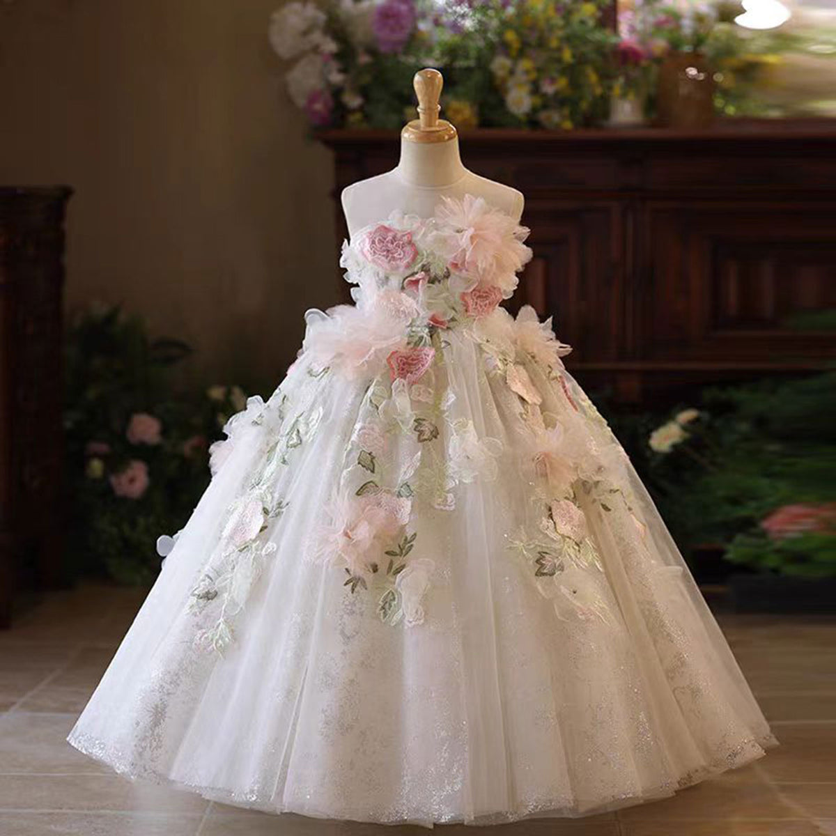 Jill Floral Girl Dress Tulle Train for kids Birthday Pageant Party J197