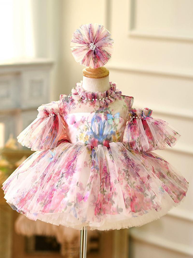 Jill Floral Puffy Sleeve Knee Length Adorable Baby Birthday Girl Dress J052