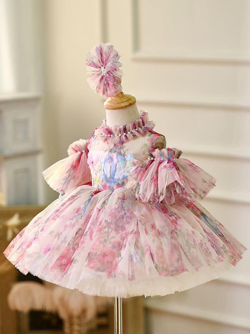 Jill Floral Puffy Sleeve Knee Length Adorable Baby Birthday Girl Dress J052