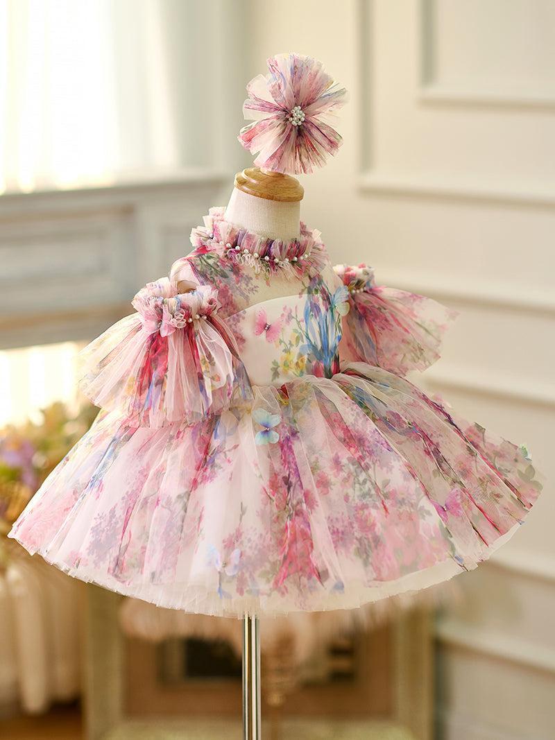 Jill Floral Puffy Sleeve Knee Length Adorable Baby Birthday Girl Dress J052