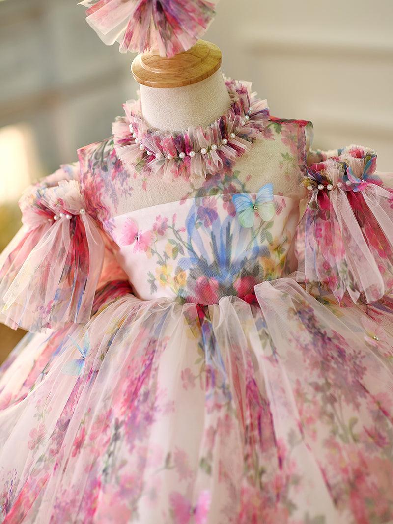Jill Floral Puffy Sleeve Knee Length Adorable Baby Birthday Girl Dress J052