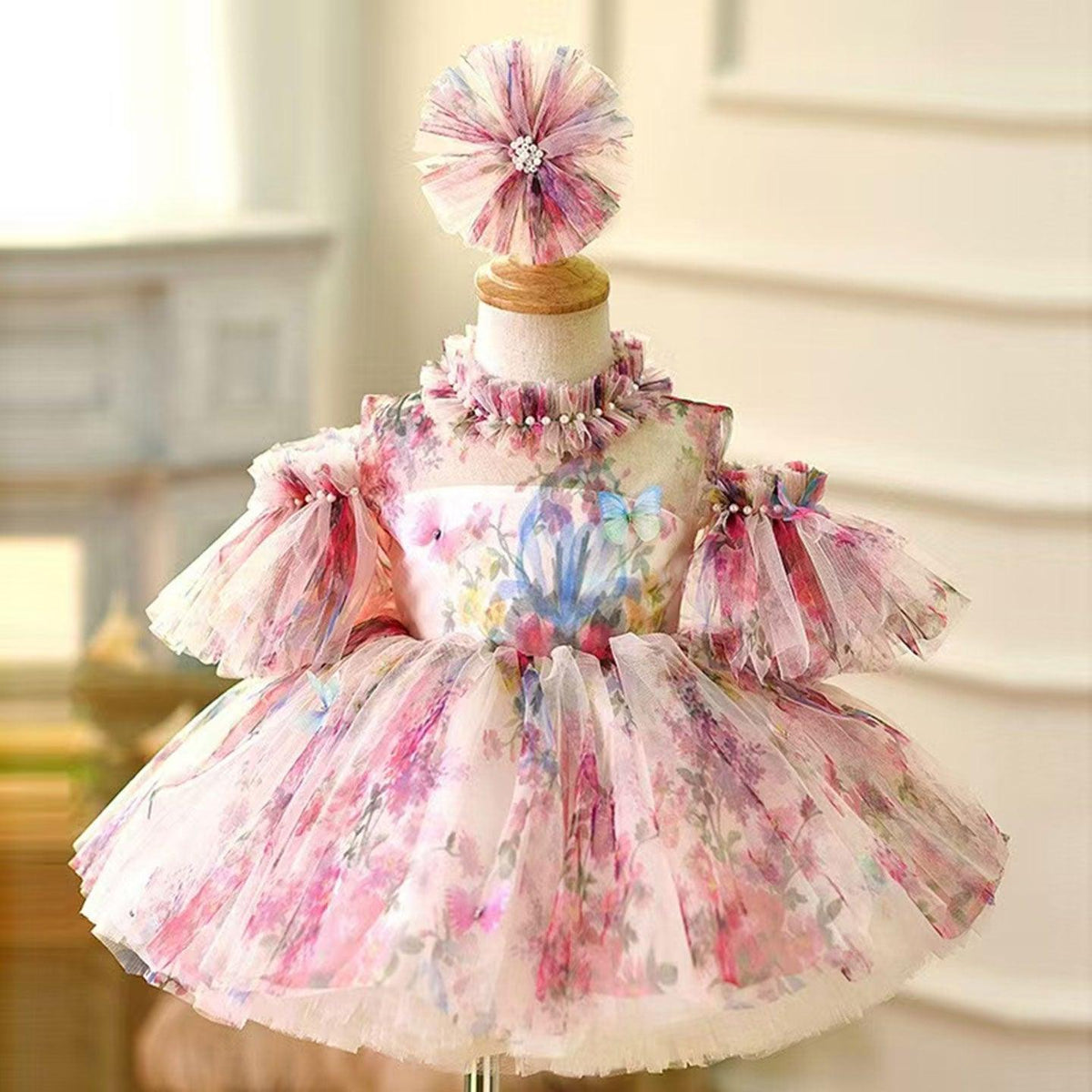 Jill Floral Puffy Sleeve Knee Length Adorable Baby Birthday Girl Dress J052