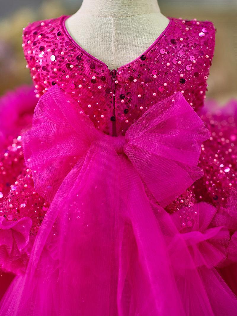 Jill Fuchsia Baby Beading Lace Knee Length Girl Birthday Dress J049