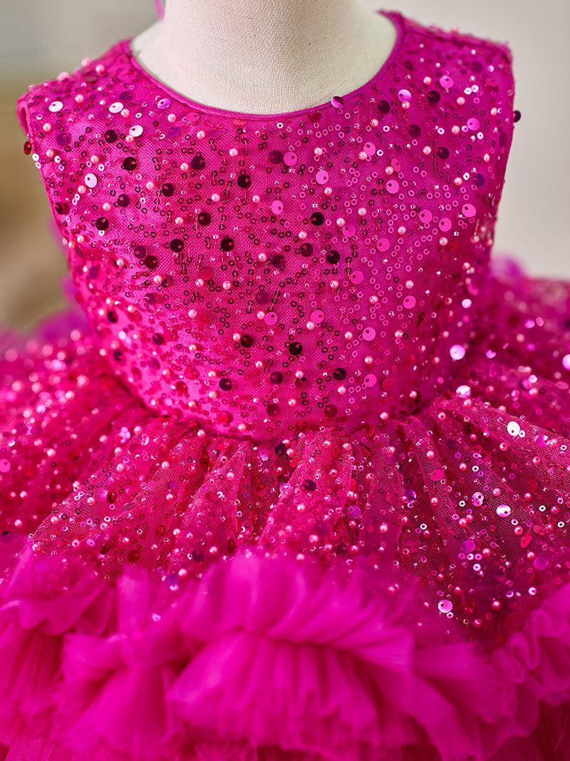 Jill Fuchsia Baby Beading Lace Knee Length Girl Birthday Dress J049