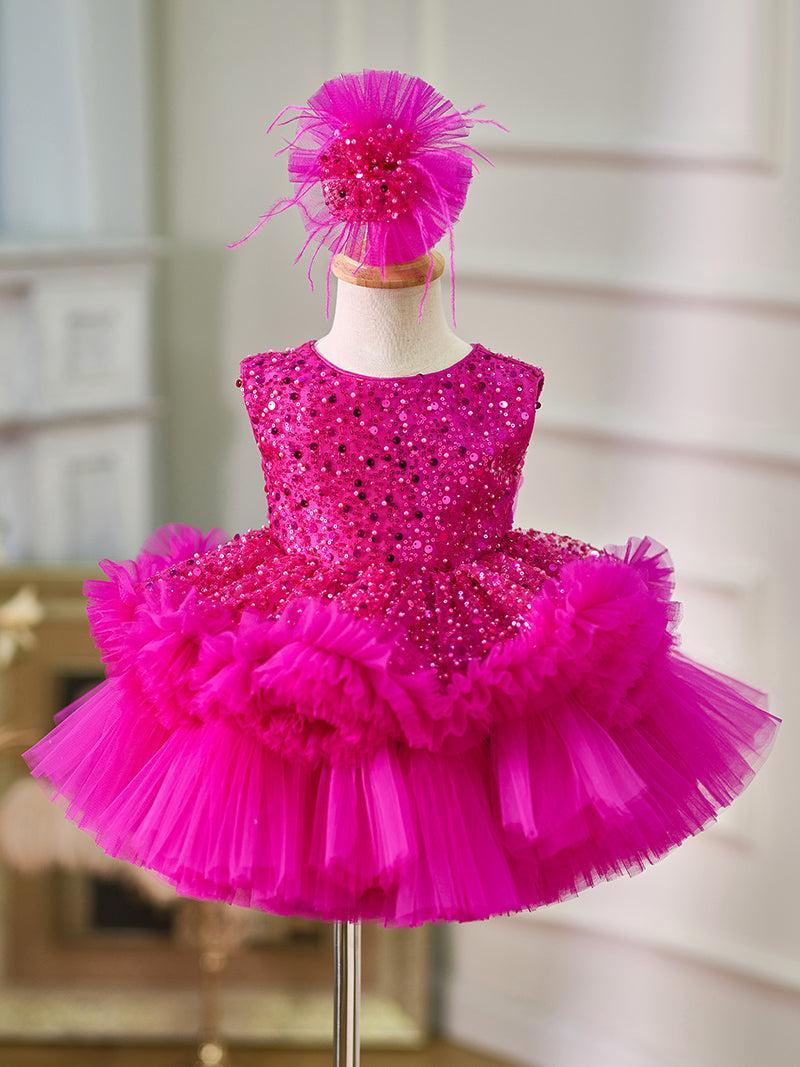 Jill Fuchsia Baby Beading Lace Knee Length Girl Birthday Dress J049