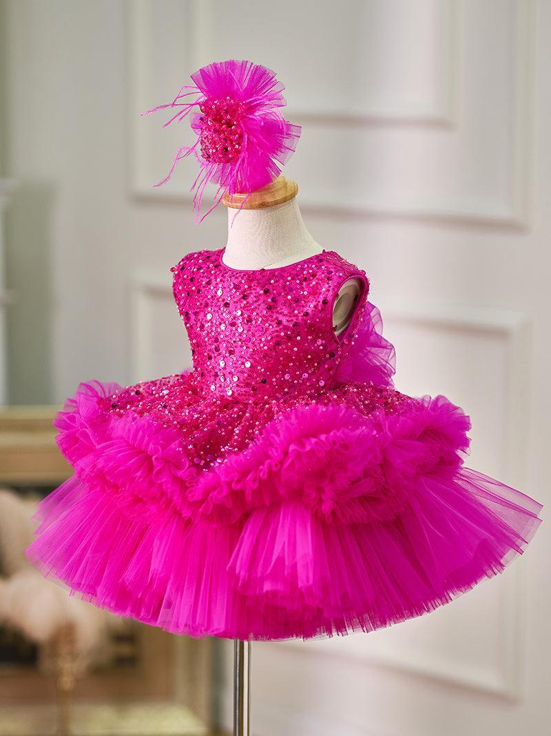 Jill Fuchsia Baby Beading Lace Knee Length Girl Birthday Dress J049