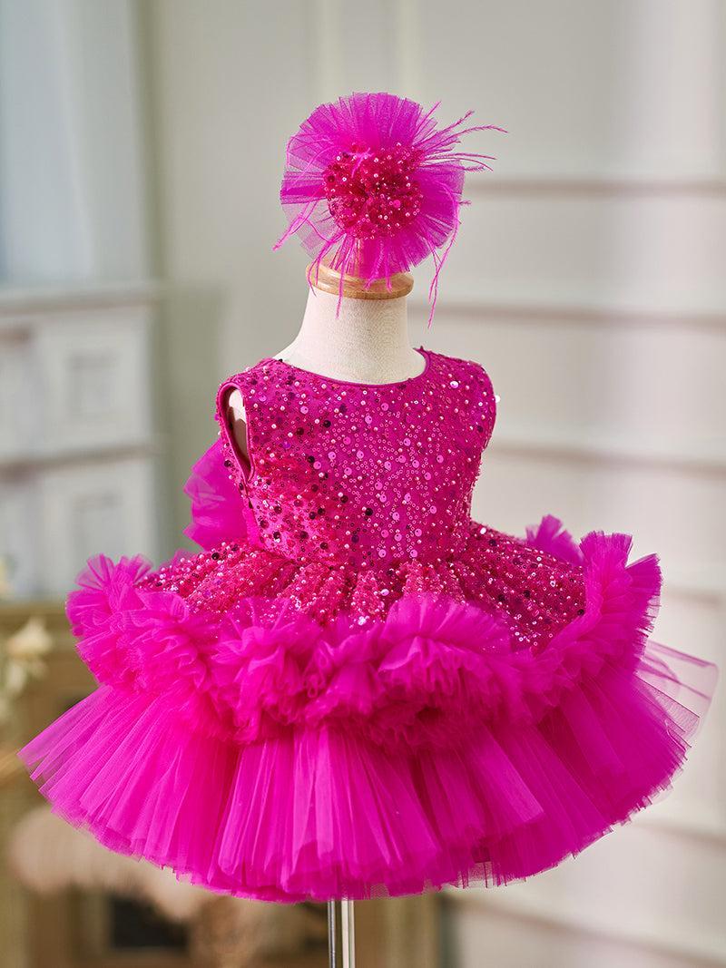 Jill Fuchsia Baby Beading Lace Knee Length Girl Birthday Dress J049