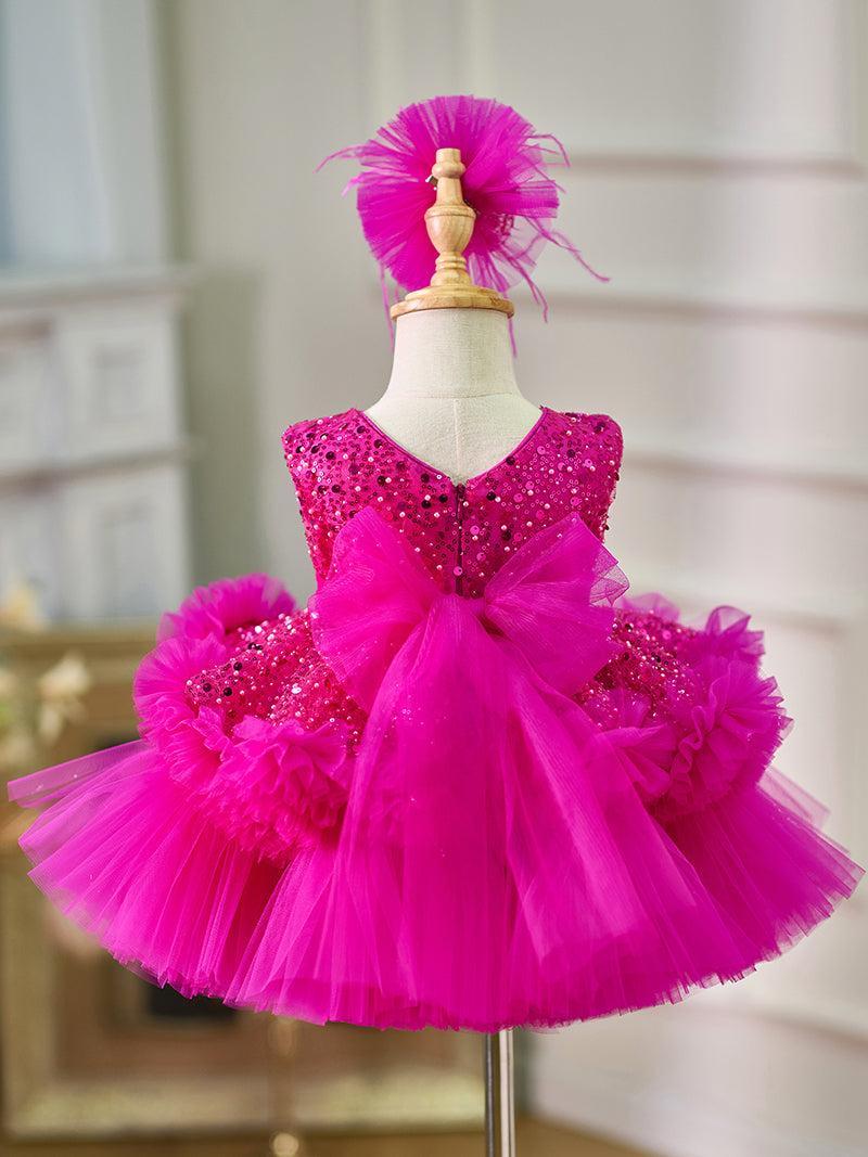 Jill Fuchsia Baby Beading Lace Knee Length Girl Birthday Dress J049