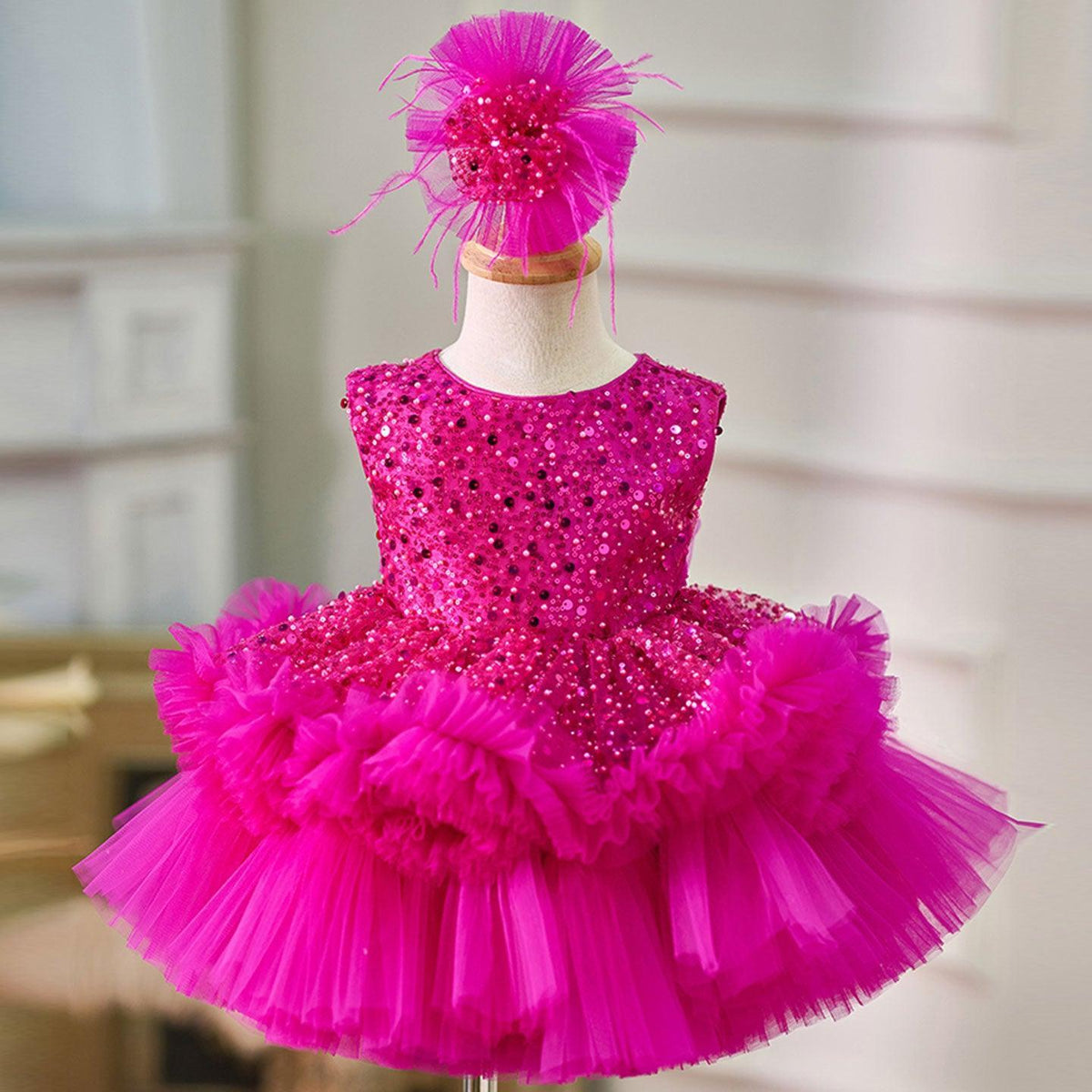Jill Fuchsia Baby Beading Lace Knee Length Girl Birthday Dress J049