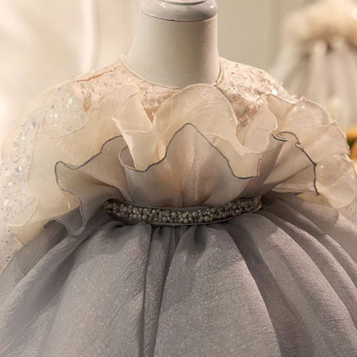 Jill Gray Flower Girl Dress Beading for Princess Kids 1st Birthday Party J479