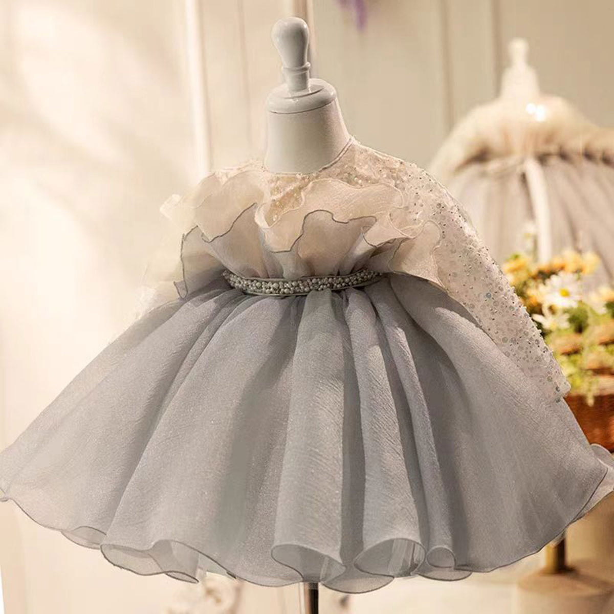 Jill Gray Flower Girl Dress Beading for Princess Kids 1st Birthday Party J479