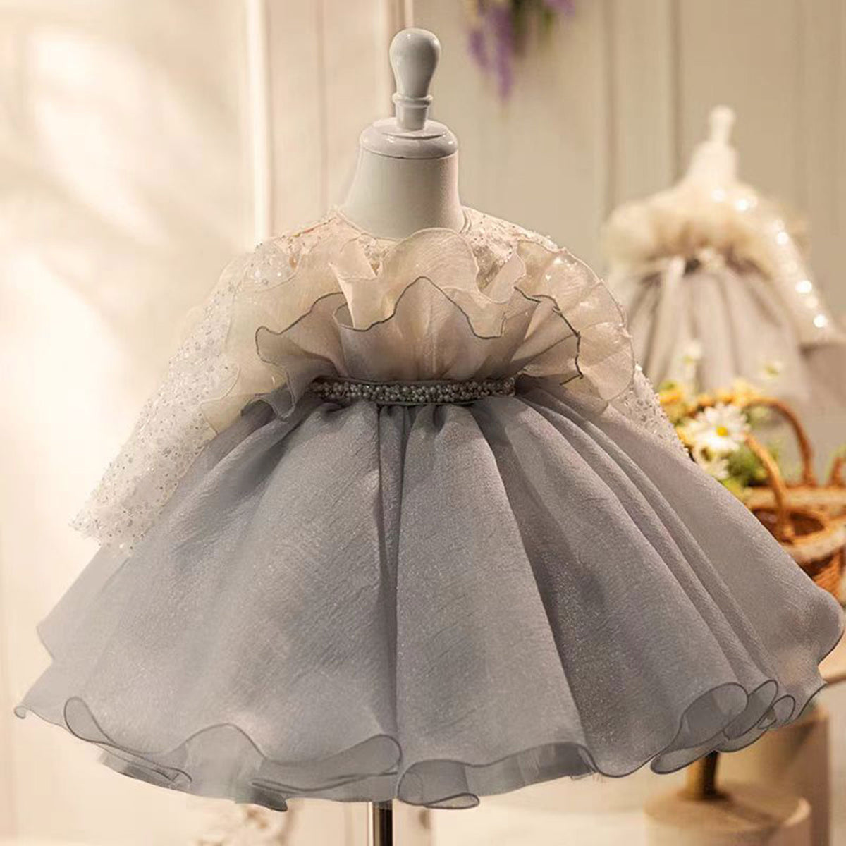 Jill Gray Flower Girl Dress Beading for Princess Kids 1st Birthday Party J479