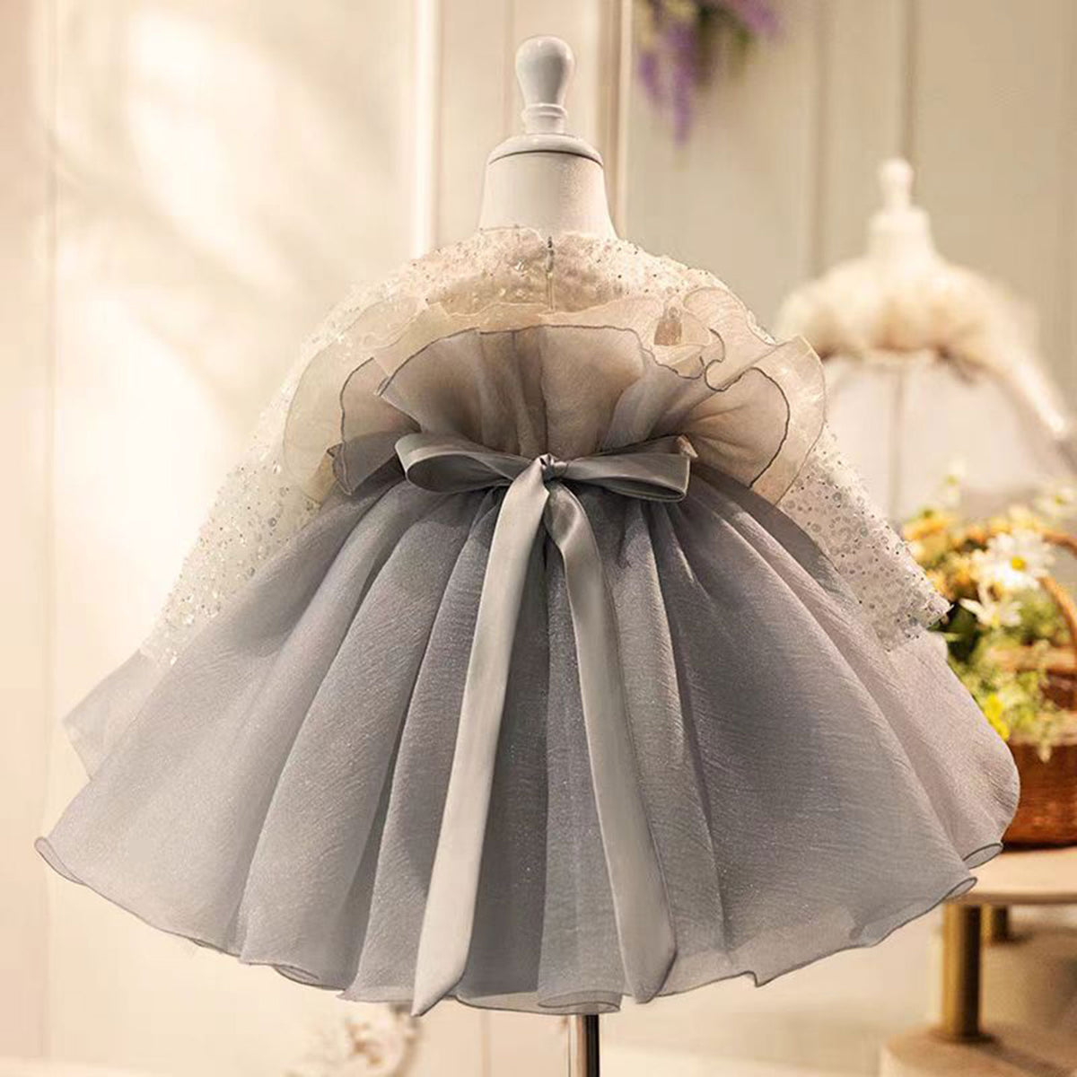 Jill Gray Flower Girl Dress Beading for Princess Kids 1st Birthday Party J479