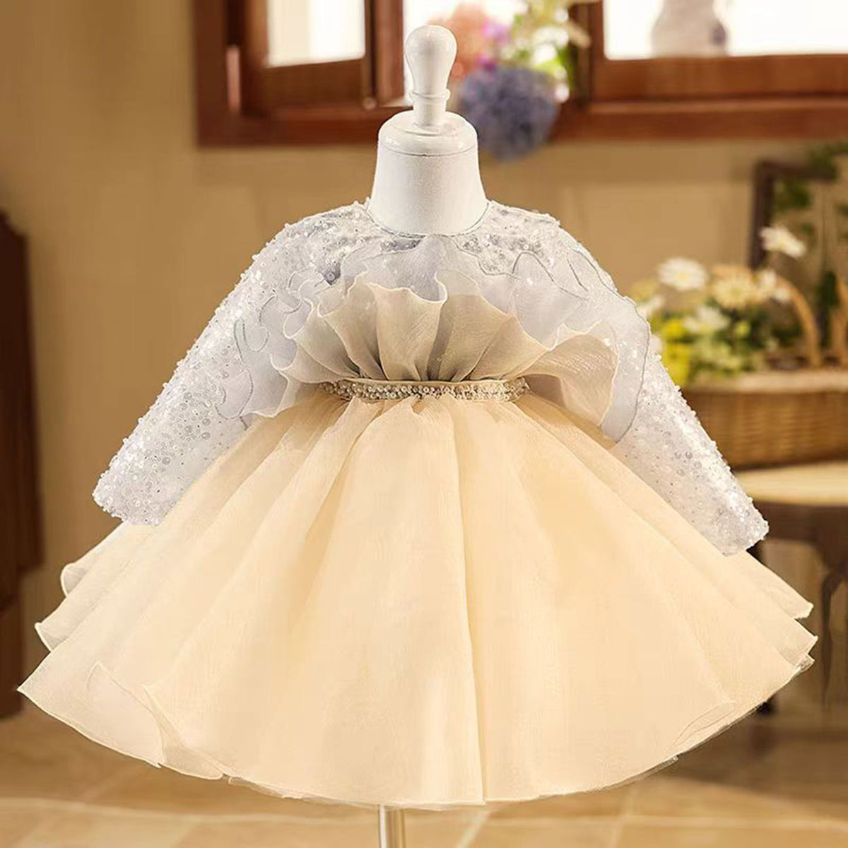 Jill Gray Flower Girl Dress Beading for Princess Kids 1st Birthday Party J479