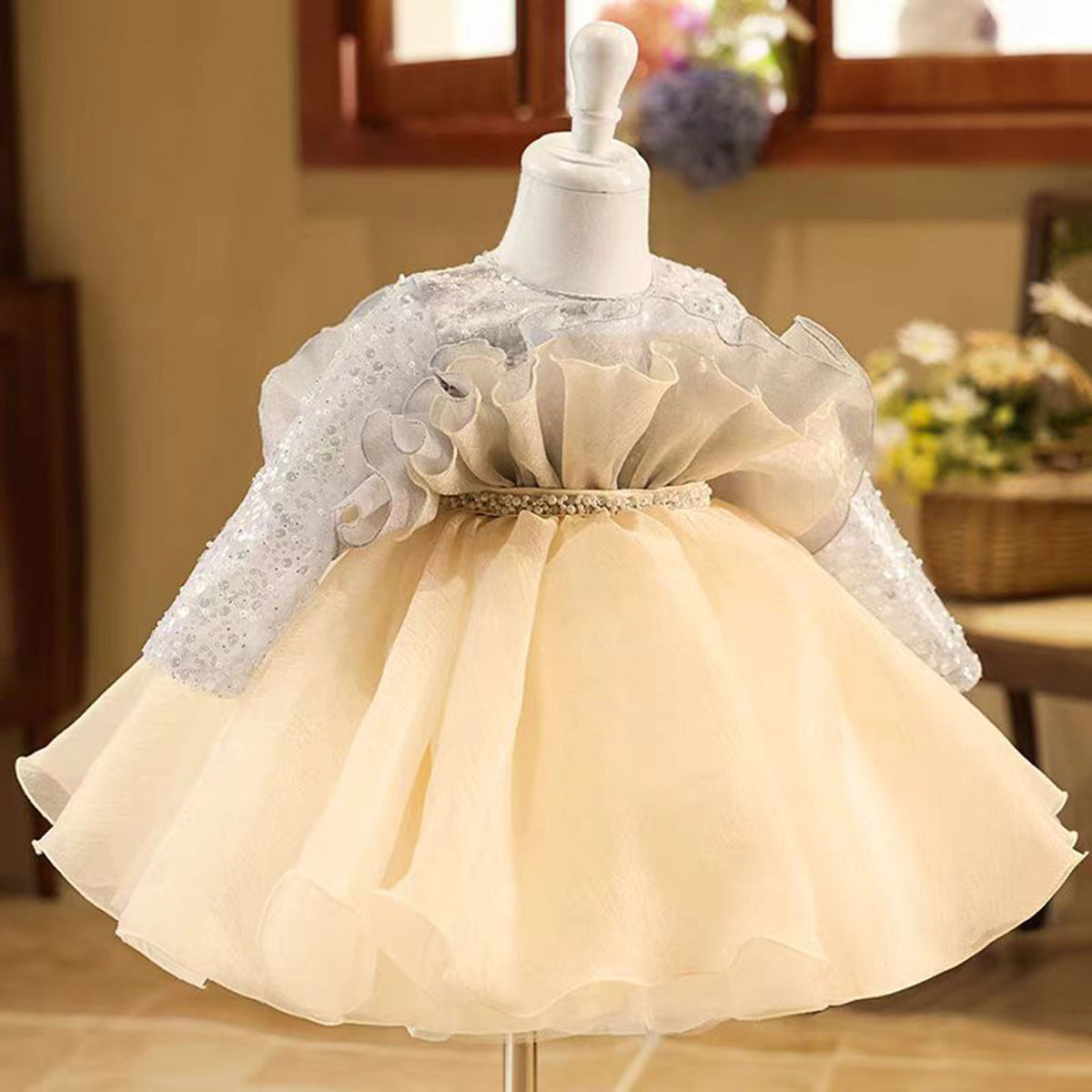 Jill Gray Flower Girl Dress Beading for Princess Kids 1st Birthday Party J479