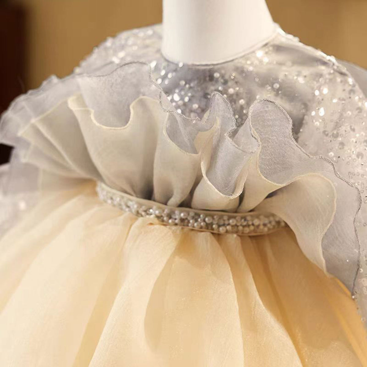 Jill Gray Flower Girl Dress Beading for Princess Kids 1st Birthday Party J479