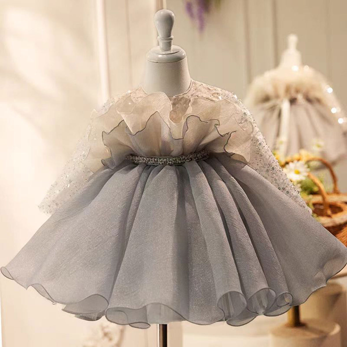 Jill Gray Flower Girl Dress Beading for Princess Kids 1st Birthday Party J479