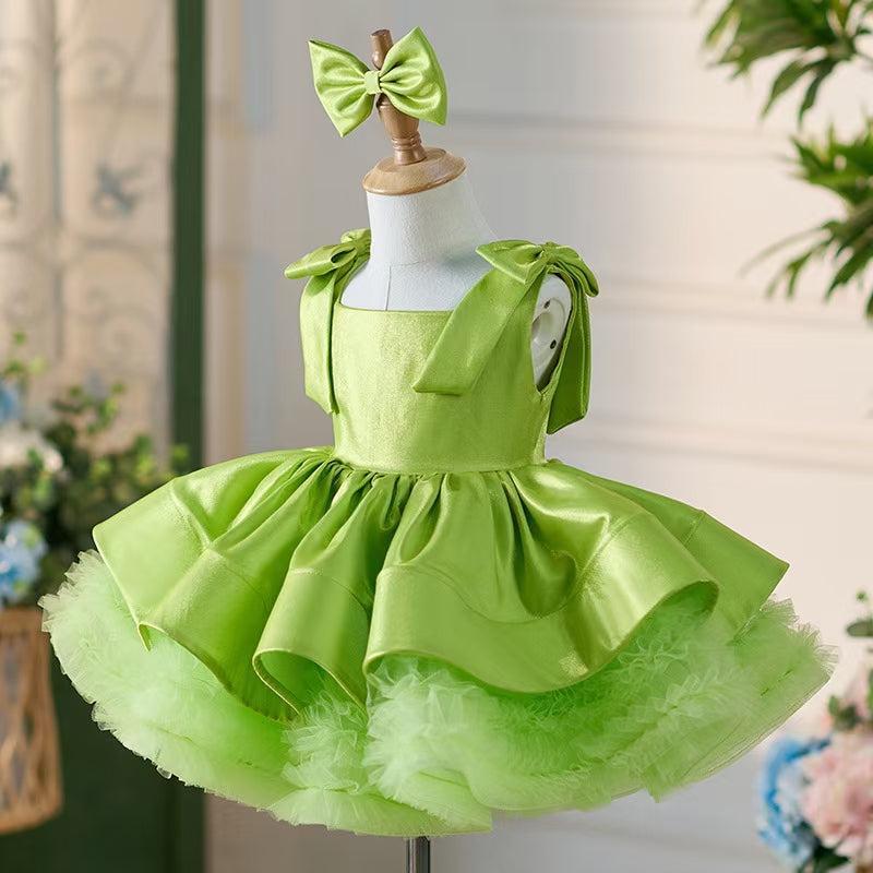 Jill Green Satin Square Collar Baby Knee Length Girl Dress J221