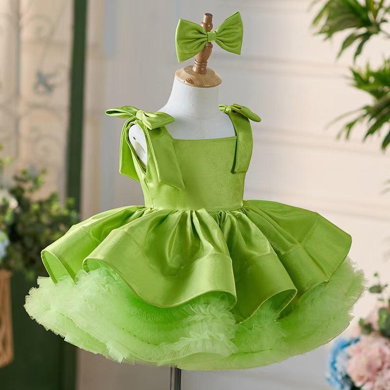Jill Green Satin Square Collar Baby Knee Length Girl Dress J221