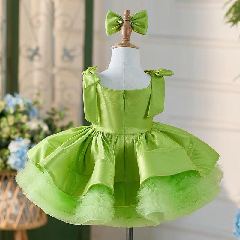 Jill Green Satin Square Collar Baby Knee Length Girl Dress J221