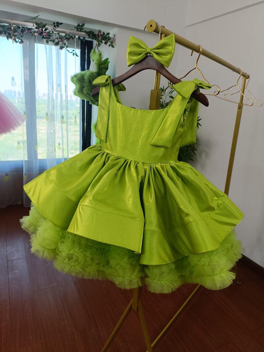 Jill Green Satin Square Collar Baby Knee Length Girl Dress J221