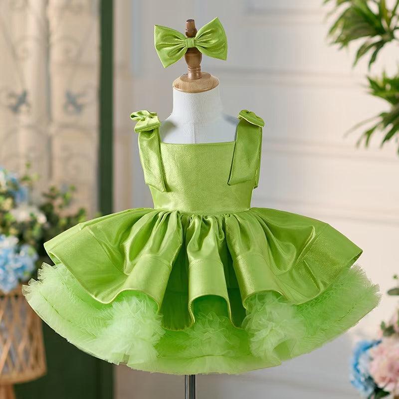 Jill Green Satin Square Collar Baby Knee Length Girl Dress J221
