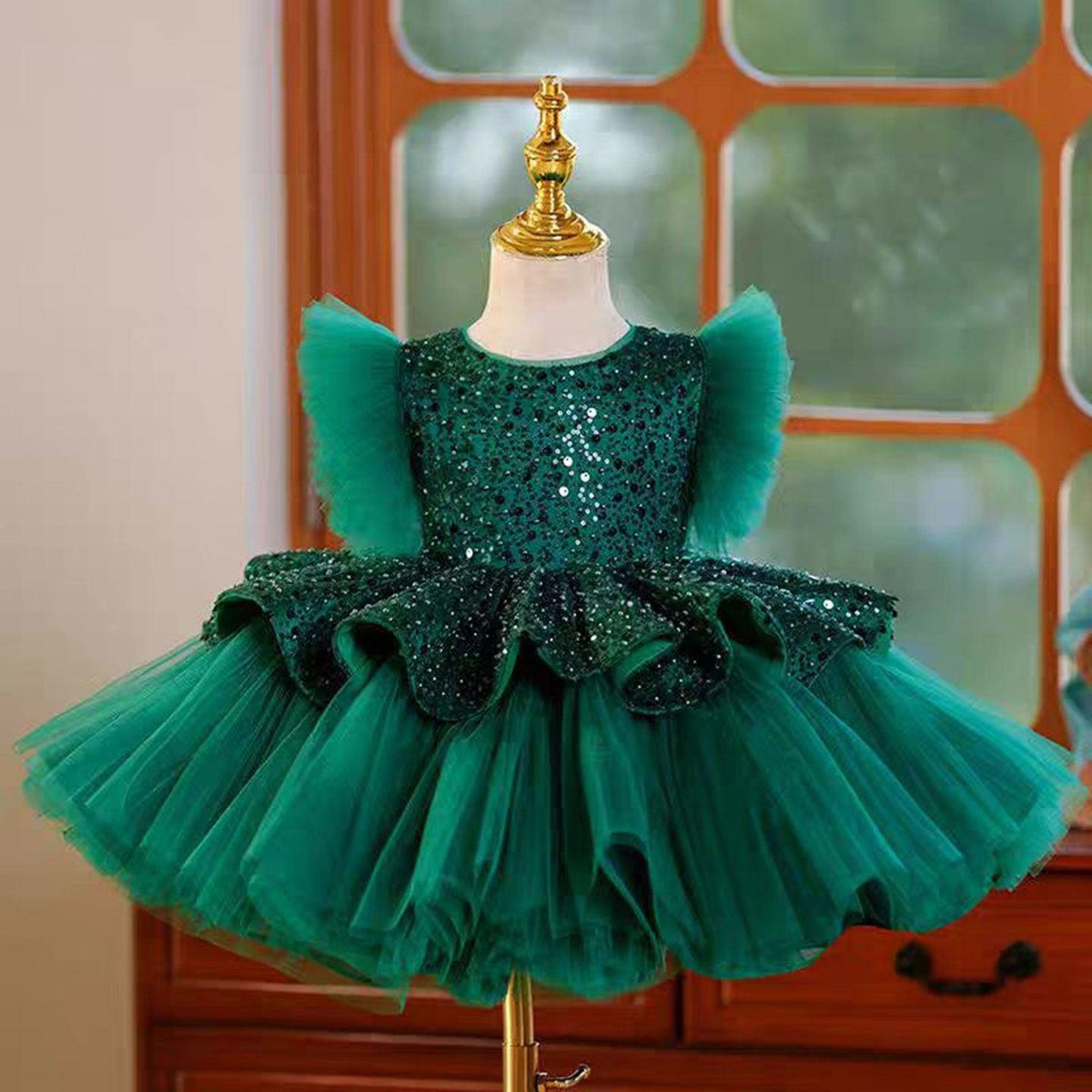 Jill Green Sequins Toddler Knee Length 1st Birthday Party Girl Dress J353