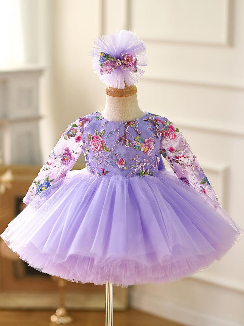 Jill Lilac Baby Long Sleeve Adorable Knee Length Girl Dress J055