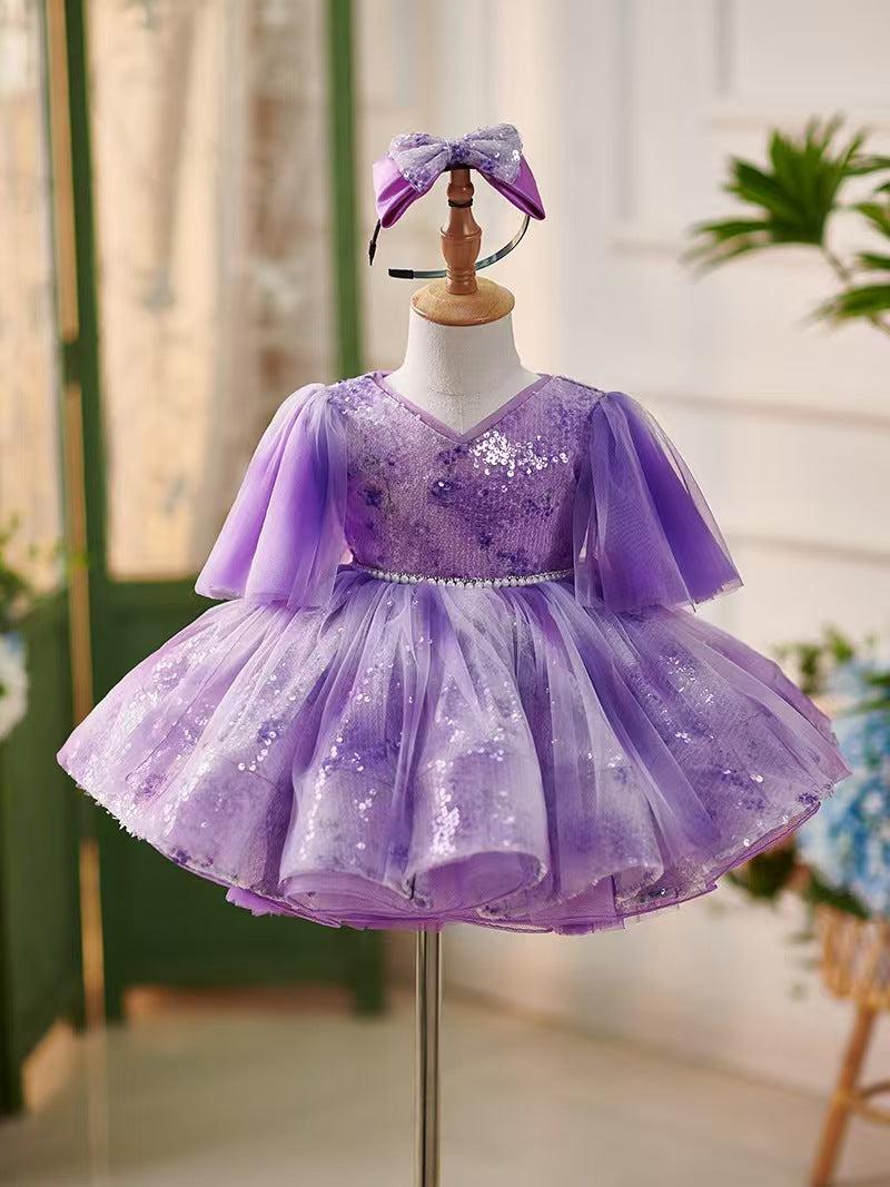 Jill Lilac Knee Length 1st Birthday Girl Dress Puffy Sleeve J307