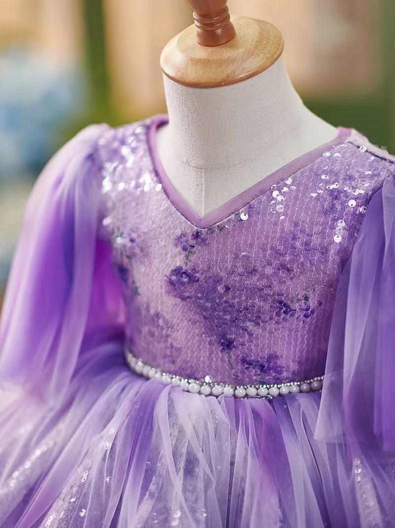 Jill Lilac Knee Length 1st Birthday Girl Dress Puffy Sleeve J307