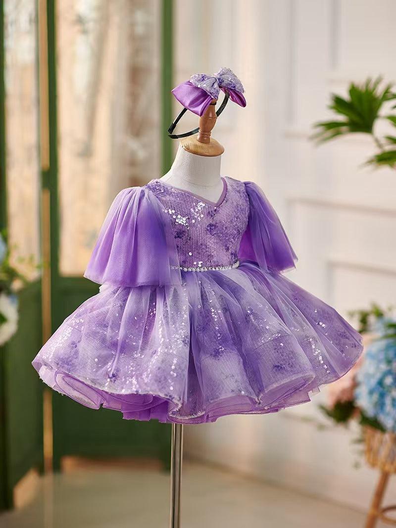 Jill Lilac Knee Length 1st Birthday Girl Dress Puffy Sleeve J307