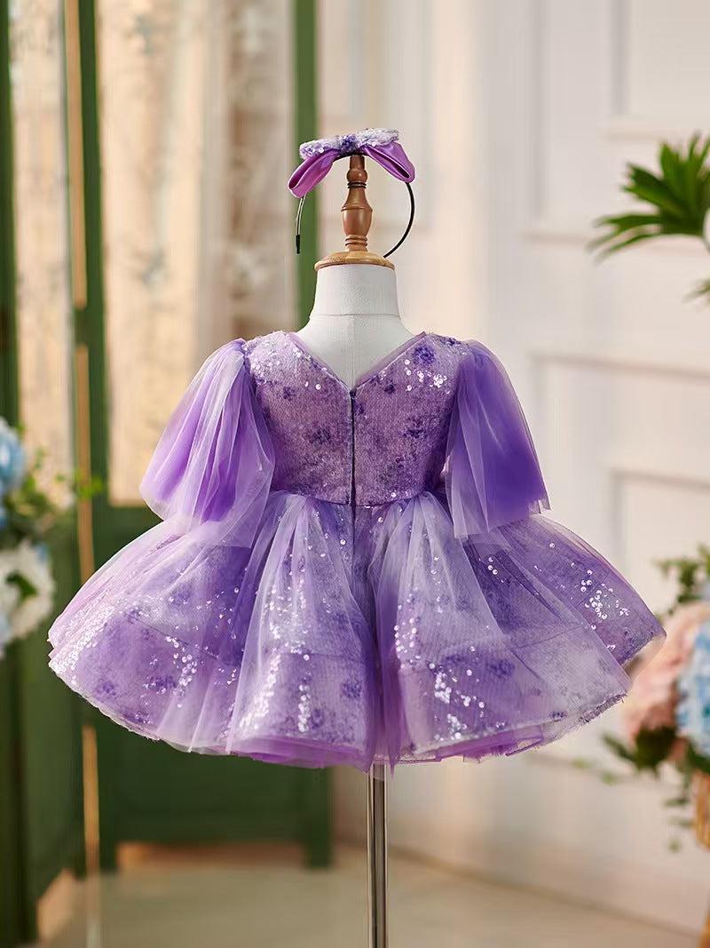 Jill Lilac Knee Length 1st Birthday Girl Dress Puffy Sleeve J307