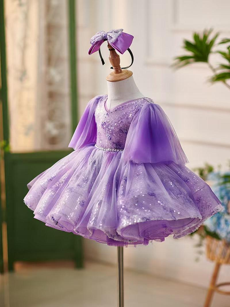 Jill Lilac Knee Length 1st Birthday Girl Dress Puffy Sleeve J307
