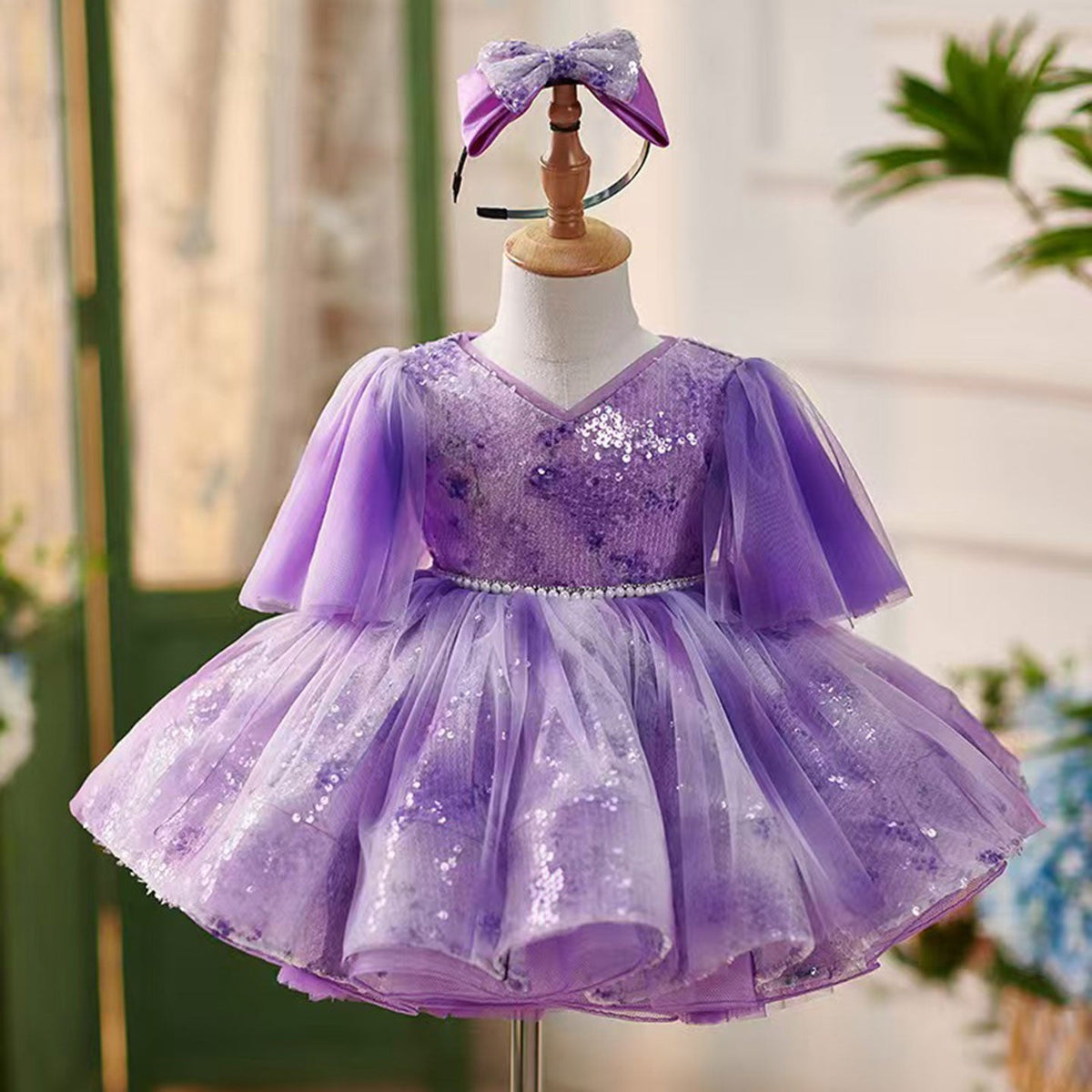 Jill Lilac Knee Length 1st Birthday Girl Dress Puffy Sleeve J307