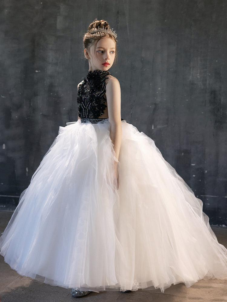 Jill Luxury Black-White Girl Bridesmaides Birthday Dresses J189