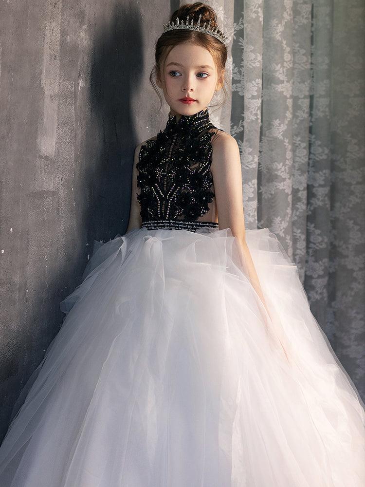 Jill Luxury Black-White Girl Bridesmaides Birthday Dresses J189