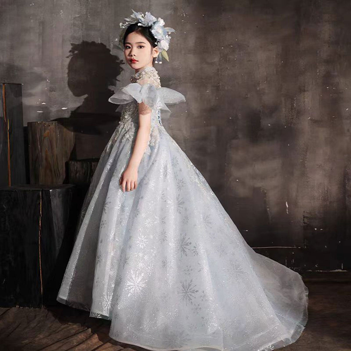 Jill Luxury Blue Beaded Birthday Girl Dress Puffy Sleeve J319