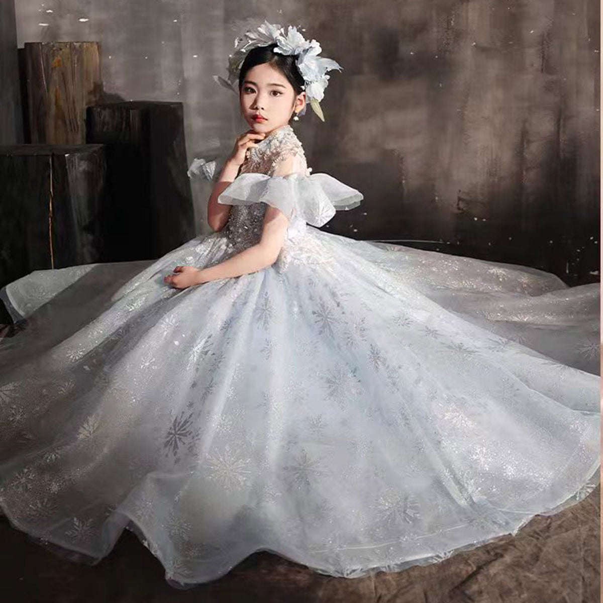 Jill Luxury Blue Beaded Birthday Girl Dress Puffy Sleeve J319