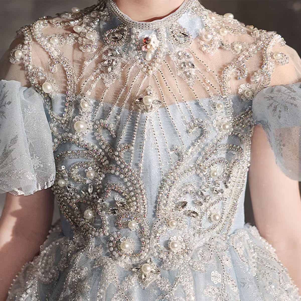Jill Luxury Blue Beaded Birthday Girl Dress Puffy Sleeve J319
