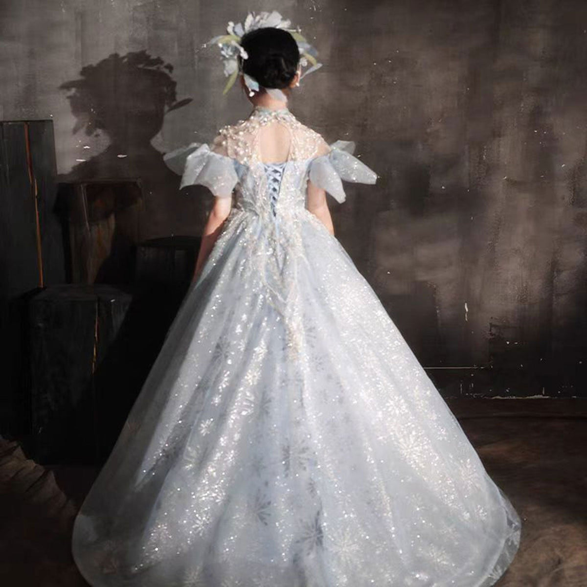 Jill Luxury Blue Beaded Birthday Girl Dress Puffy Sleeve J319